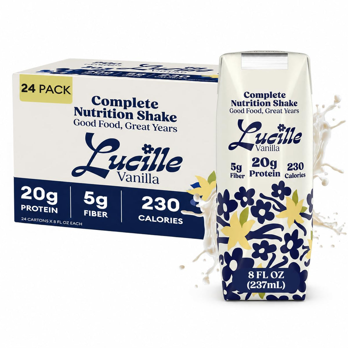 Lucille Meal Replacement Shake for Adults, Chocolate, 8 oz, 12 Pk | High Protein Drink, Complete Nutrition, 20g Protein, 6g Fiber, 240 Calories, 23 Vitamins + Mins, Lactose Free, Gluten Free