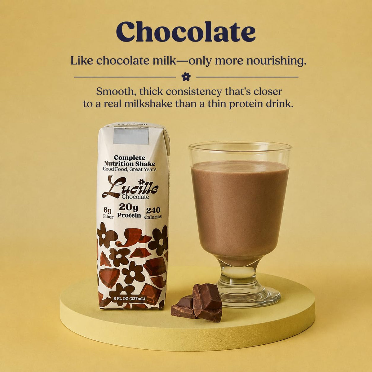 Lucille Meal Replacement Shake for Adults, Chocolate, 8 oz, 12 Pk | High Protein Drink, Complete Nutrition, 20g Protein, 6g Fiber, 240 Calories, 23 Vitamins + Mins, Lactose Free, Gluten Free