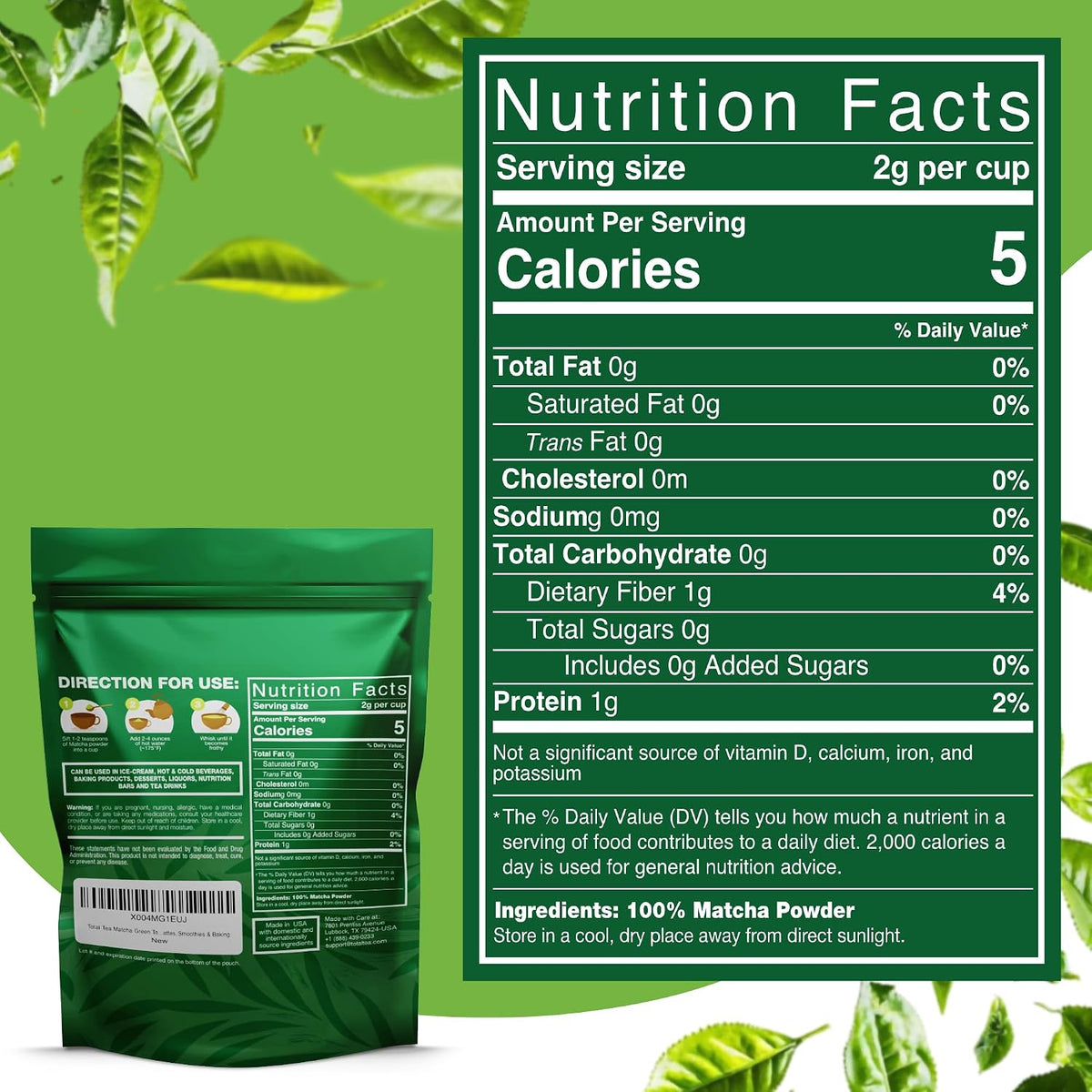 Total Tea USDA Organic Matcha Green Tea Powder 1 Pound Latte Smoothies